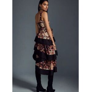 100% Cotton By Anthropologie Square-Neck Tiered Midi Dress with Jacquard Print